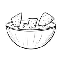 Vector doodle illustration of spicy mexican food. Guacamole sauce with nachos chips isolated on white.