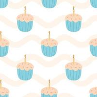 Vector seamless pattern with cupcakes or muffins with candles.