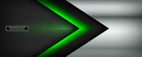 3D black silver techno abstract background overlap layer on dark space with green light effect decoration. Modern graphic design element arrow style concept for banner, flyer, card, or brochure cover vector