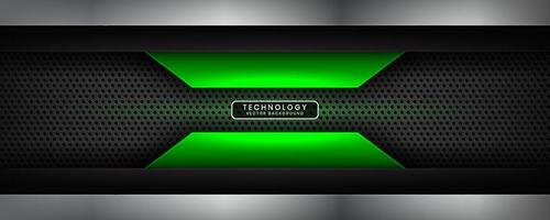 3D black silver techno abstract background overlap layer on dark space with green light effect decoration. Modern graphic design element cutout style concept for banner, flyer, card, or brochure cover vector