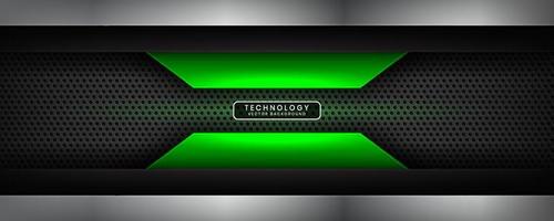 3D black silver techno abstract background overlap layer on dark space with green light effect decoration. Modern graphic design element cutout style concept for banner, flyer, card, or brochure cover vector