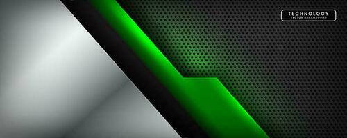 3D black silver techno abstract background overlap layer on dark space with green light effect decoration. Modern graphic design element cutout style concept for banner, flyer, card, or brochure cover vector