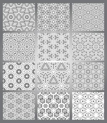 Set of abstract fantasy thin line hexagon, triangle geometric seamless patterns. Creative mosaic, tile background collection.