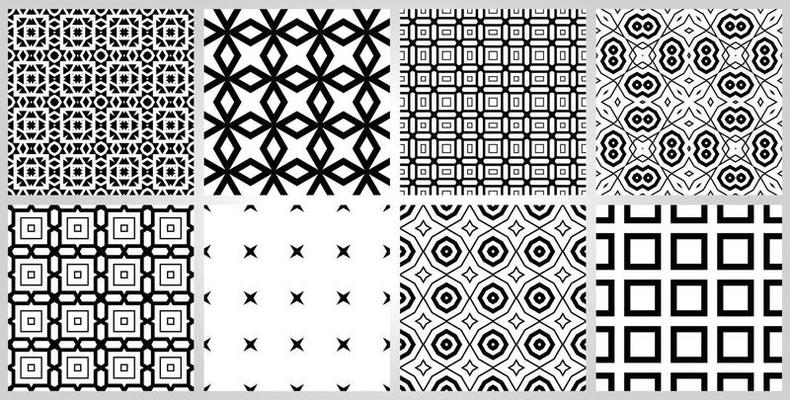 Abstract fantasy thin line hexagon, triangle geometric seamless pattern set. Creative mosaic, tile backgrounds.