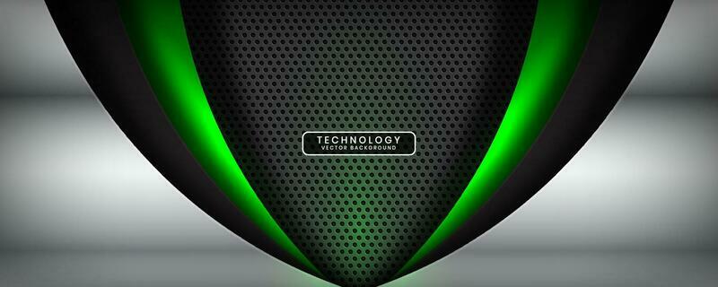 3D black silver techno abstract background overlap layer on dark space with green light effect decoration. Modern graphic design element waves style concept for banner, flyer, card, or brochure cover