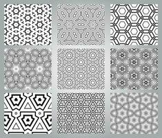 Set of abstract fantasy thin line hexagon, triangle geometric seamless patterns. Creative mosaic, tile background collection. vector