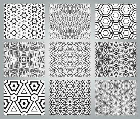 Set of abstract fantasy thin line hexagon, triangle geometric seamless patterns. Creative mosaic, tile background collection.