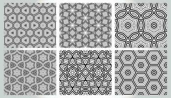 Abstract fantasy thin line hexagon, triangle geometric seamless pattern set. Creative mosaic, tile backgrounds. vector