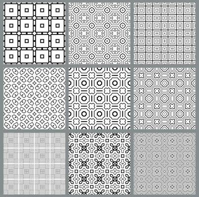 Abstract fantasy thin line square, triangle geometric seamless pattern set. Creative mosaic, tile backgrounds.