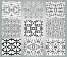 Set of abstract fantasy thin line hexagon, triangle geometric seamless patterns. Creative mosaic, tile background collection. vector