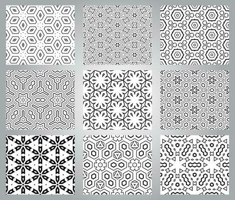 Set of abstract fantasy thin line hexagon, triangle geometric seamless patterns. Creative mosaic, tile background collection.