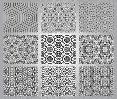 Set of abstract fantasy thin line hexagon, triangle geometric seamless patterns. Creative mosaic, tile background collection. vector