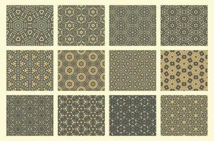 Set of abstract fantasy thin line hexagon, triangle geometric seamless patterns. Creative mosaic, tile background collection. vector