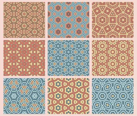 Abstract fantasy thin line hexagon, triangle geometric seamless pattern set. Creative mosaic, tile backgrounds.