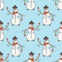 Thin line smiling doodle snowman with hat and carrot seamless pattern. Winter holidays background. vector