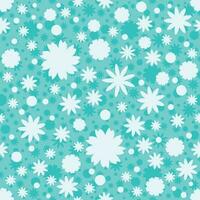 Seamless pattern with turquoise stars, dots, snowflake, flowers on blue background. Sky background. vector