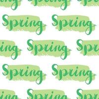 Green on white spring seamless pattern with hand drawn elements, word spring lettering on brush stroke template, grunge texture. Wrapping paper, background. vector