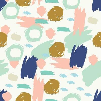 Colorful cute geometric calligraphic grunge seamless pattern with hand drawn brush strokes, circles, rings and paint splashes, lines, geometrical shapes. Messy texture,  grungy background.