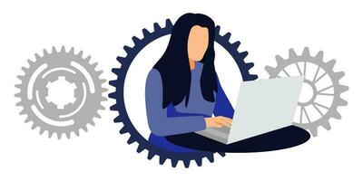 Freelancer woman character working on gear workspace with laptop vector