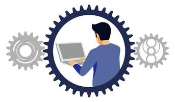 Freelancer character working with pc laptop in gear avatar isolate on white background with planetary gear vector