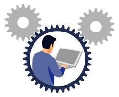 Freelancer character working with laptop in gear avatar isolate with planetary gear vector