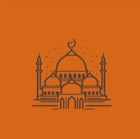 Vector illustration of a mosque and in a minimalist style. Perfect for Ramadan Kareem greeting design elements. Orange color background template, Ramadan theme.