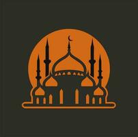 Vector illustration of a mosque and in a minimalist style. Perfect for Ramadan Kareem greeting design elements. Orange color background template, Ramadan theme.