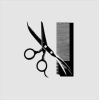 Hair scissors and comb graphic icon. scissors and comb isolated on gray background. Barber symbol. Vector illustration, scissors and comb logo