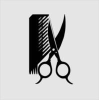 Hair scissors and comb graphic icon. scissors and comb isolated on gray background. Barber symbol. Vector illustration, scissors and comb logo