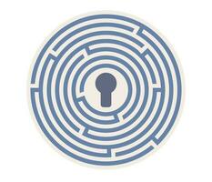 Round maze icon. Simple logic game with labyrinth. Entrances, exit, right path, dead end. Vector flat illustration