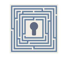 Square maze icon. Simple logic game with labyrinth. Entrances, exit, right path, dead end. Vector flat illustration