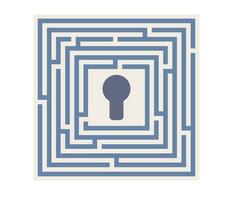 Square maze icon. Simple logic game with labyrinth. Entrances, exit, right path, dead end. Vector flat illustration