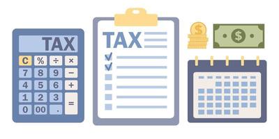 Tax form icons set. Financial document concept. Tax calculation and filling form sign. Calculator and calendar. Calculate tax revenue rate. Vector flat illustration