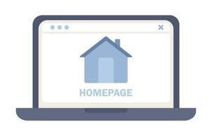 Homepage icon on laptop. Website homepage development, optimization, setup. Vector flat illustration