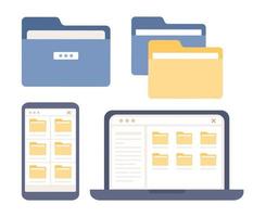 Folder icon. File management concept. Office work sign. Document symbol. Search files on laptop and smartphone. Data storage. Vector flat illustration