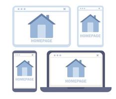 Homepage icon set. Website or app homepage development, optimization, setup. Vector flat illustration