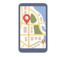 Map GPS navigation icon. Smartphone app with map and red pinpoint on screen. Vector flat illustration