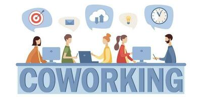 Coworking center. Business meeting. Shared working environment. People talking and working at computers, laptop, smartphone in the open space office. Vector flat illustration