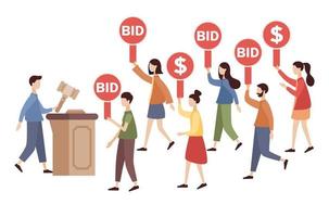 Auction concept. Tiny people bidder, buyer and auctioneer bidding in public auction. Vector flat illustration