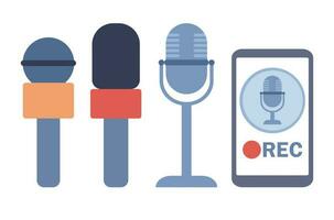 Microphone set icons. Microphones for audio podcast broadcast, news, live stream, radio. Voice recorder. Music studio different equipment. Vector flat illustration