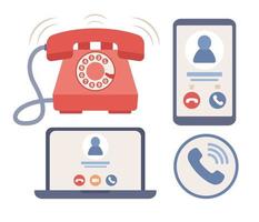 Phone call icon. Incoming call on smartphone and laptop screen. Old red vintage telephone sign. Online video call. Vector flat illustration