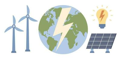 Ecology icon set. Sustainability, green energy, windmills and solar panels. Environmental governance concept. Vector flat illustration