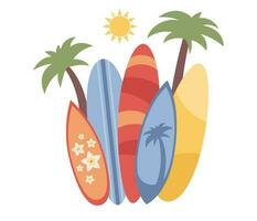 Surf concept. Surfing icon. Surfboards with different patterns and palm tree. Vector flat illustration