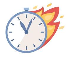 Deadline concept. Alarm in fire icon. Burning clock sign. Time management. Vector flat illustration