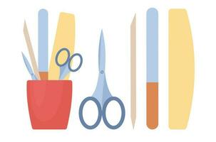 Professional manicure concept. Various manicure supplies, equipment, tools. Nail scissors, nail file. Vector flat illustration