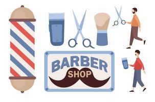 Barbershop tools collection set. Barber shop instruments. Barber pole, scissors, shaving brush, electric clipper icon. Vector flat illustration