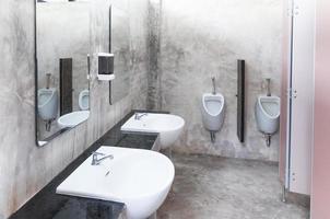 interior de público limpiar baño en un compartido baño allí es un amplio selección de se hunde con espejos foto