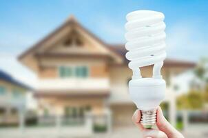 Energy saving concept, Woman hand holding light bulb on house background,Ideas light bulb in the hand photo