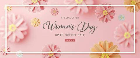 3d Rendering. Women's day design. Womens day greeting text with flowers background for woman international celebration. photo