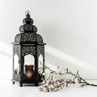 ornamental black Moroccan Arabic lantern with blooming prunus tree branches on a white background photo